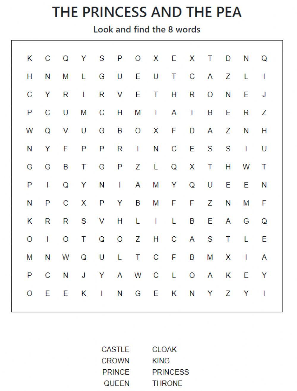 The princess and the pea - wordsearch