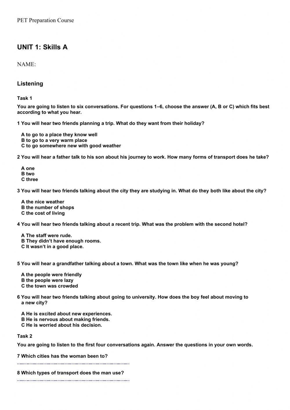 PET Listening and Reading