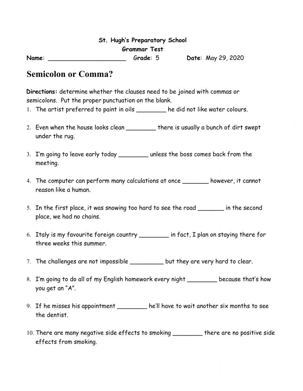 Comma and Semi Colon Worksheet online exercise for Live Worksheets
