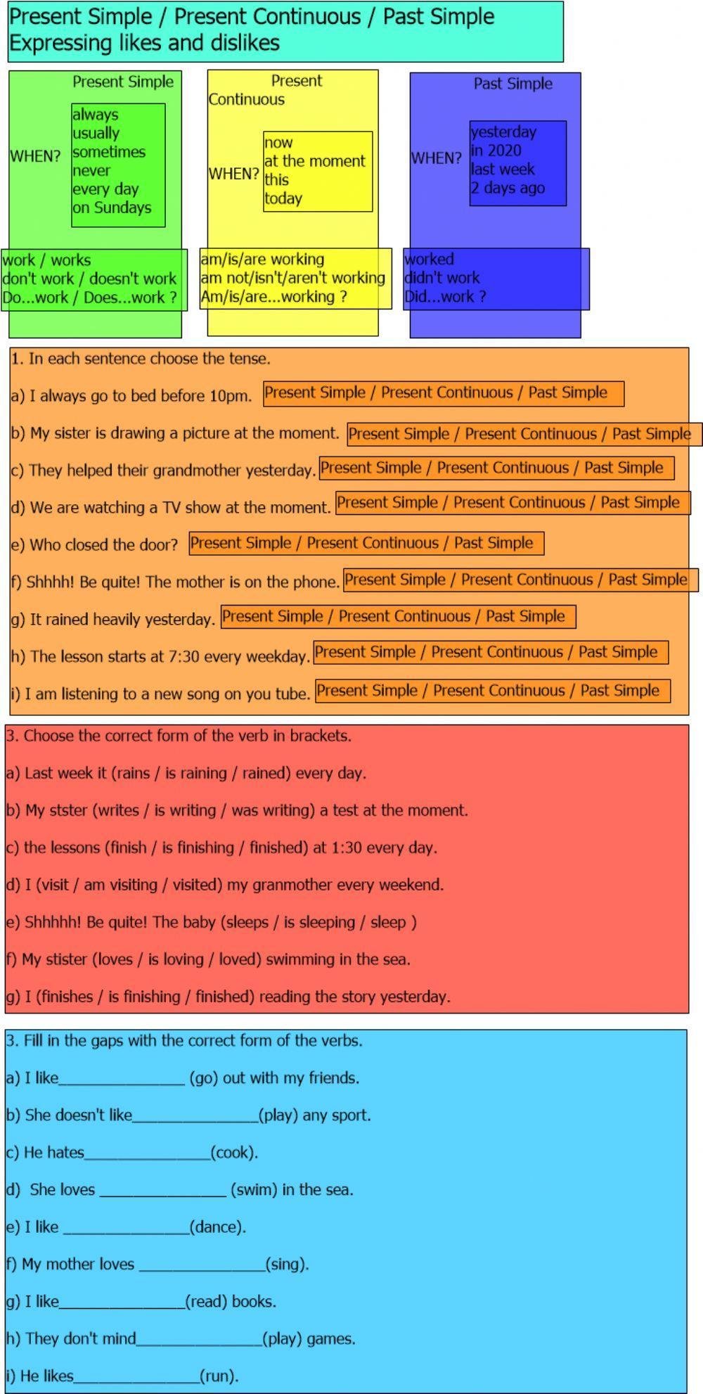 Present Simple - Present Continuous - Past simple - expressing likes and dislikes Present Simple - Present Continuous - Past simple - expressing likes and dislikes