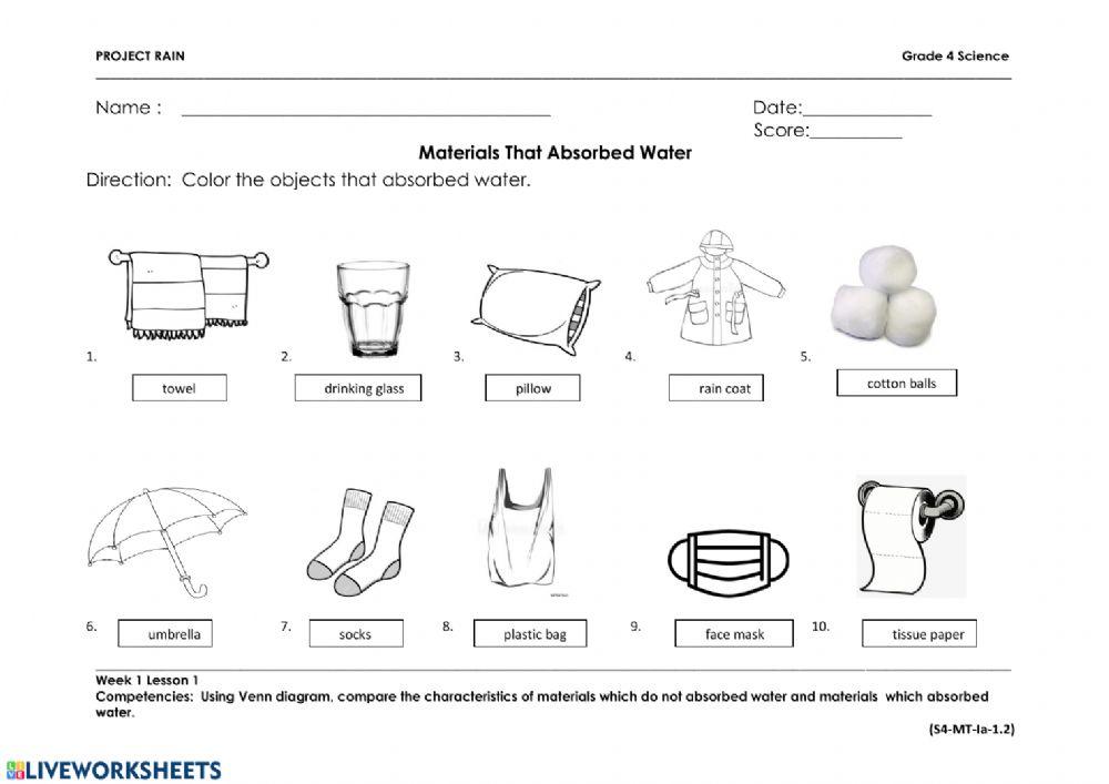 Materials that absorb water worksheet