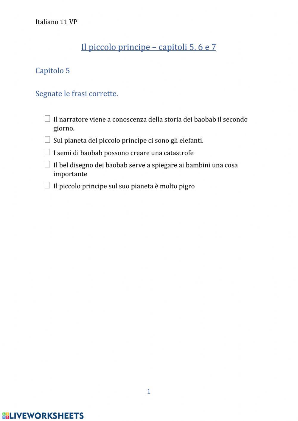 Comprensione scritta - Il Piccolo Principe - capitoli 5, 6, 7