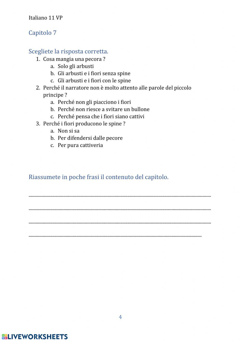 Comprensione scritta - Il Piccolo Principe - capitoli 5, 6, 7