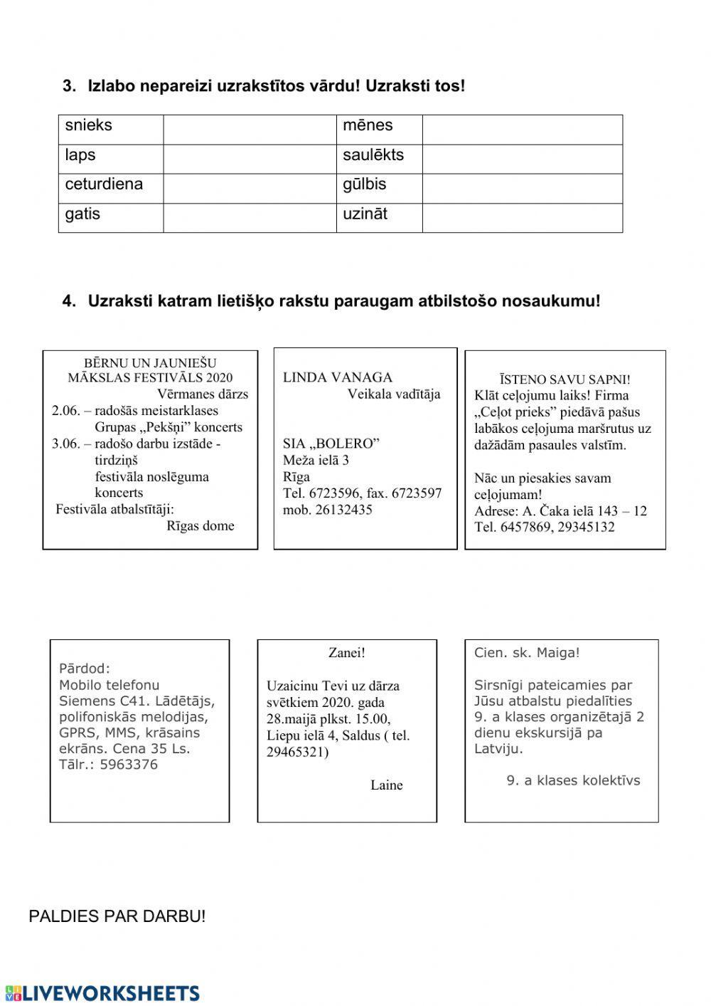 3 klase - teikums, vārdšķiras, lietišķie raksti