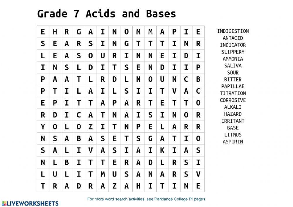 Grade 7 Acids and Bases Wordsearch