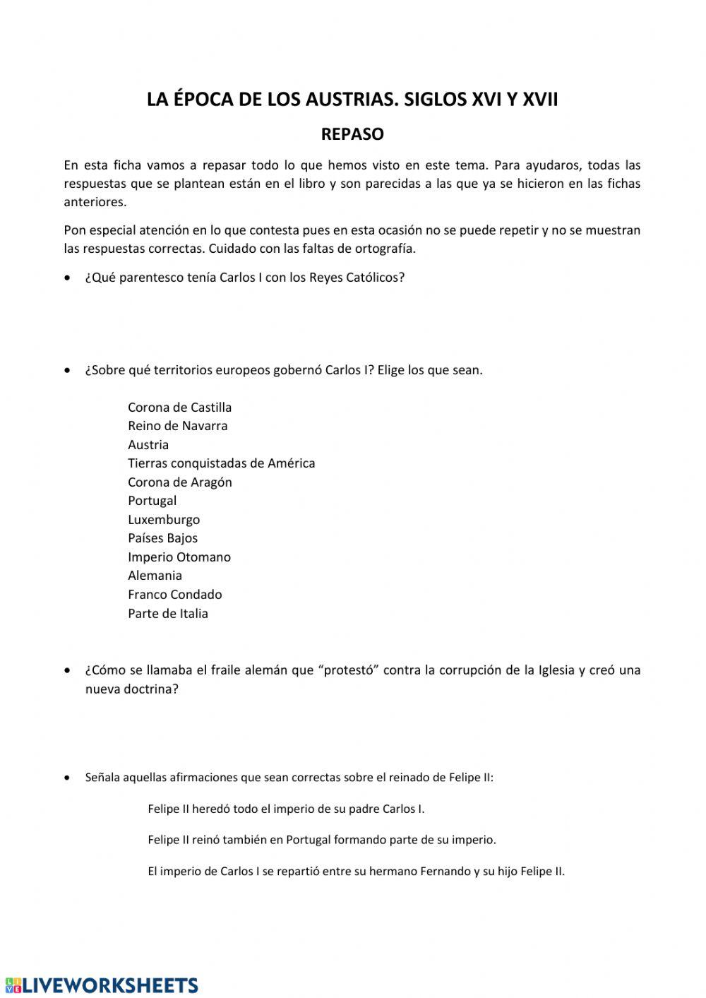 La época de los Austrias. Repaso