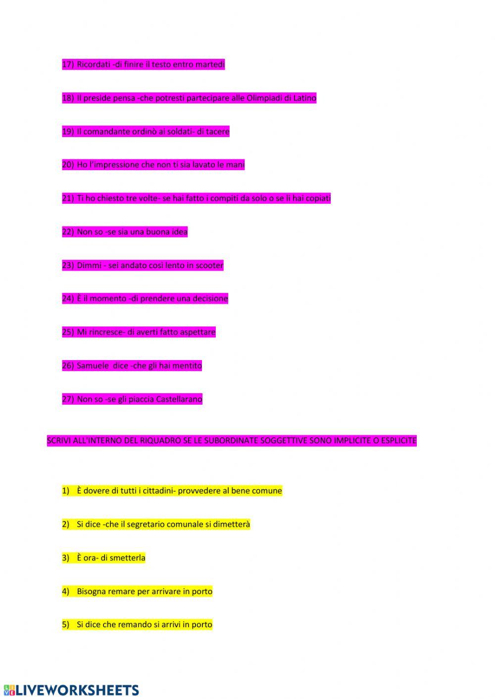 Esercizi di consolidamento -subordinata soggettiva