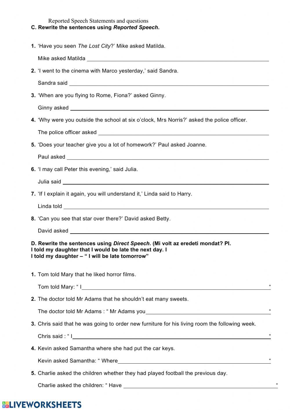 agihofer | Reported speech questions and statements