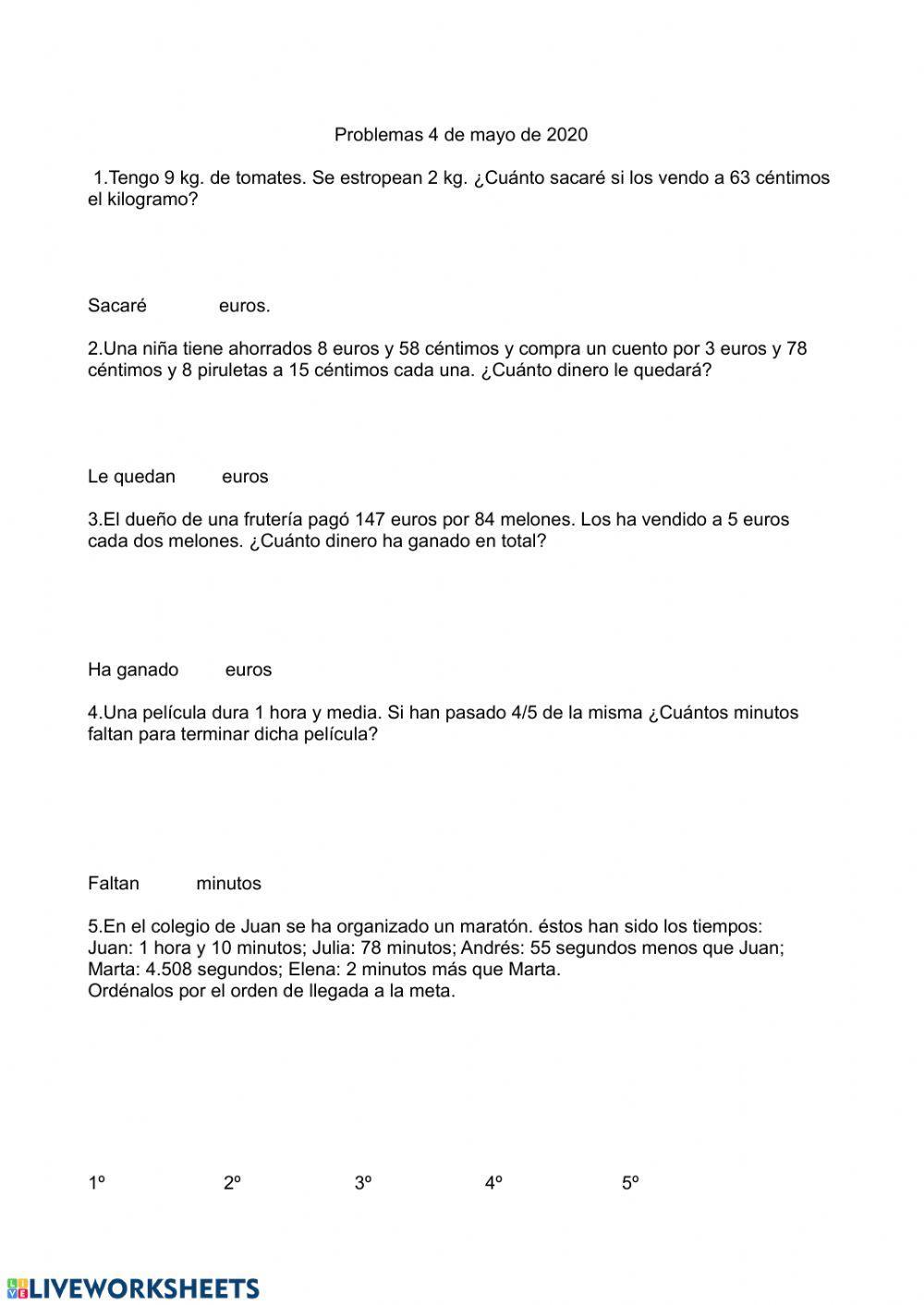 Problemas tiempo y dinero 1.5º