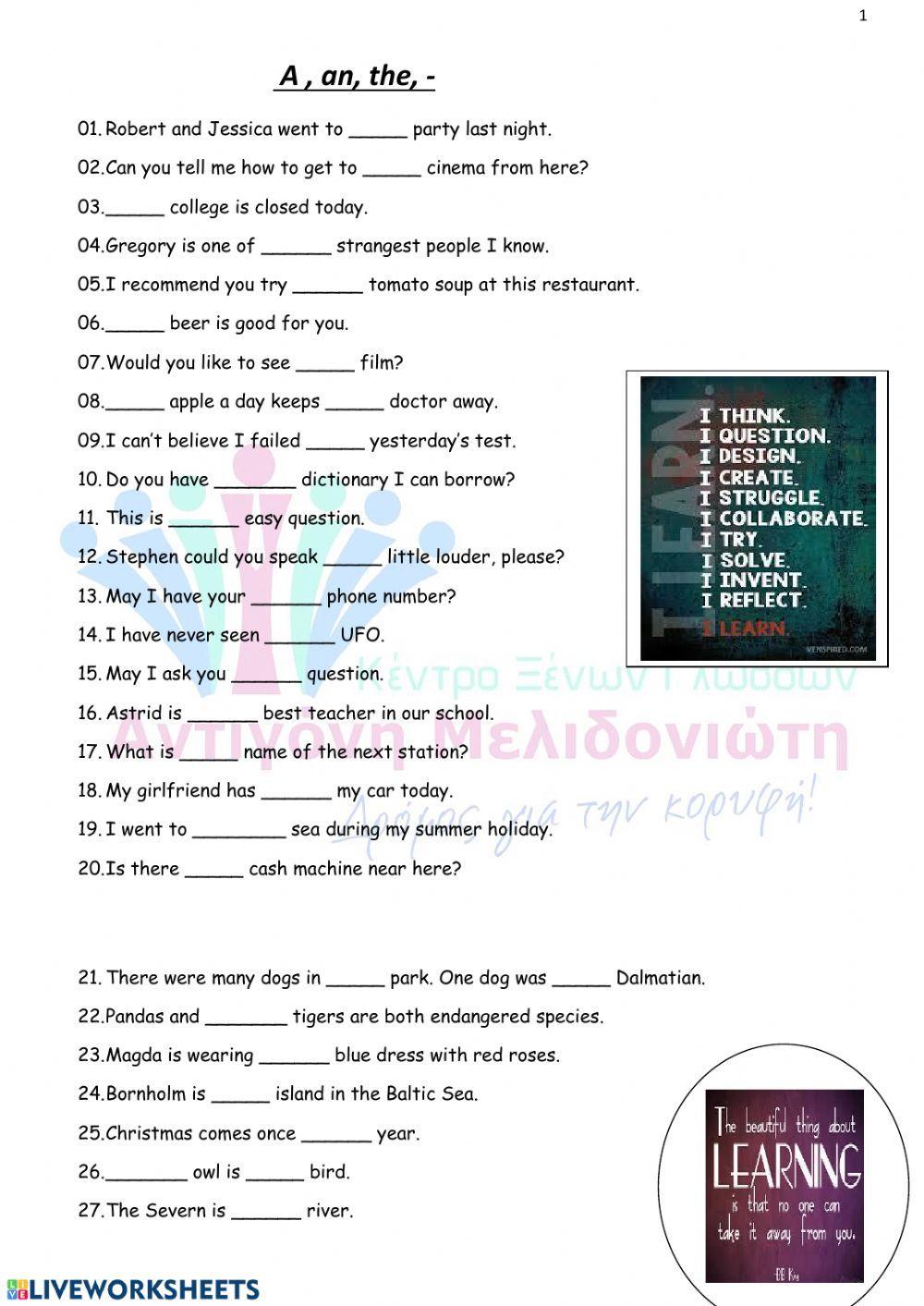 Articles: a, an, the, -