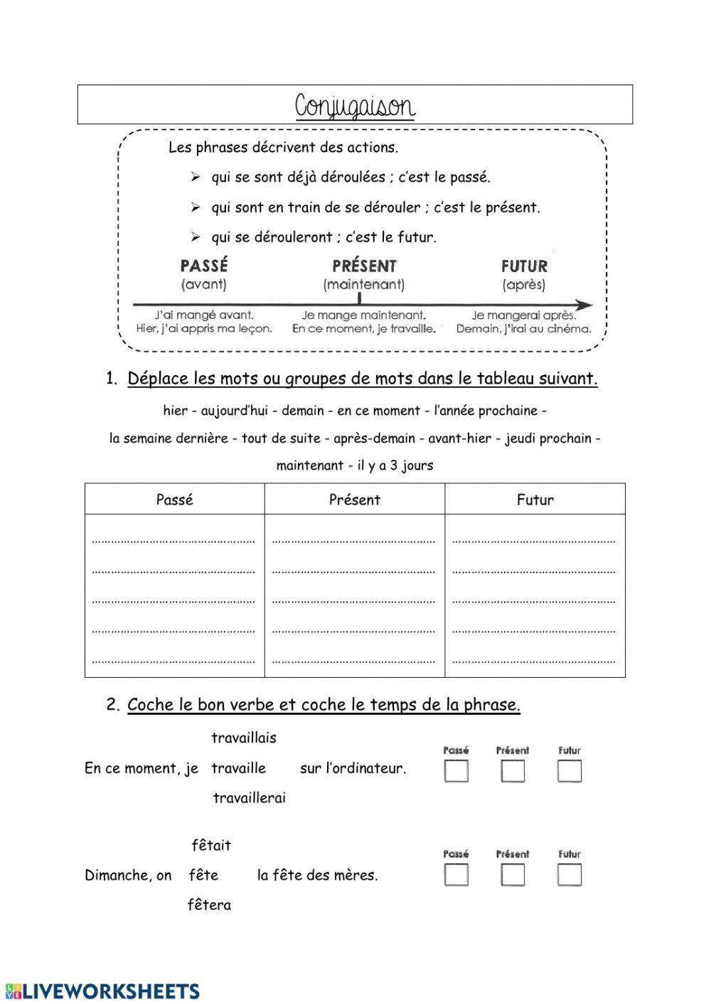 Passé Présent Futur Exercices Pdf Passé, présent, futur worksheet | Live Worksheets