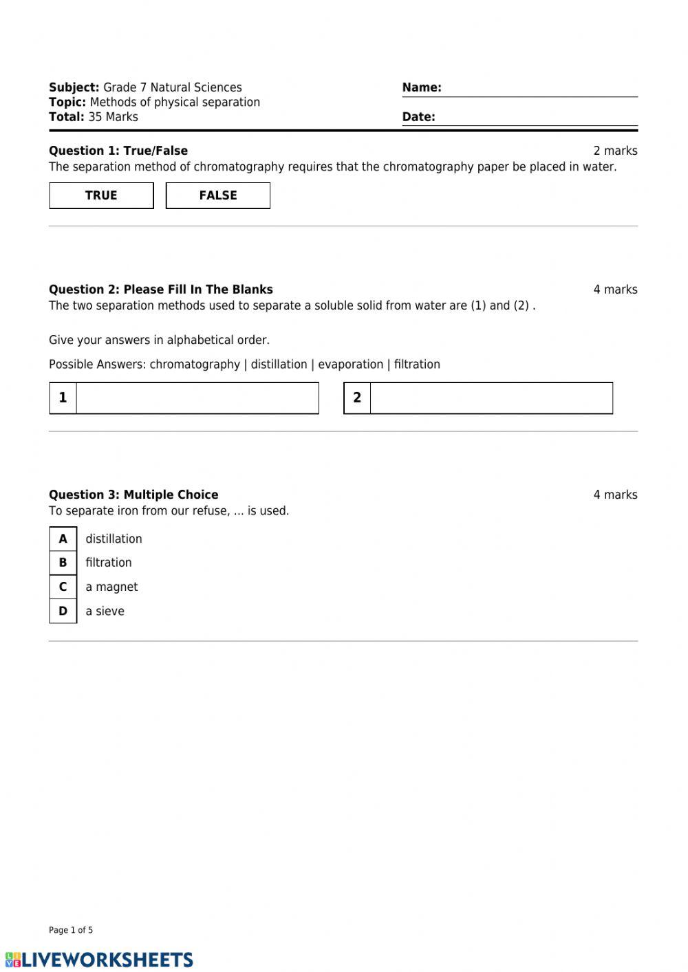 Grade 7 Separation of Mixtures