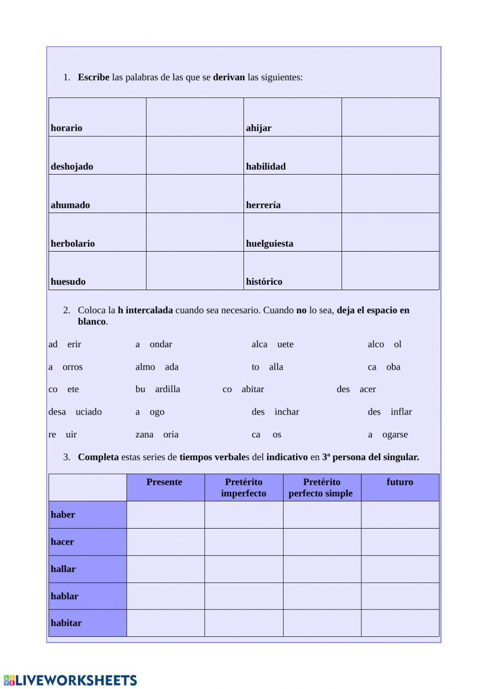 Ejercicios ortografía H