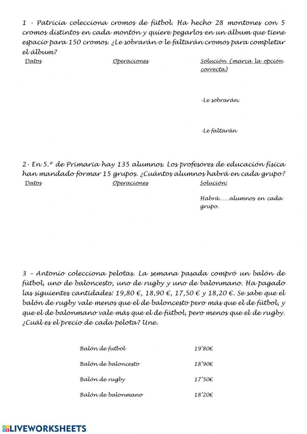 Problemas 5º quinto primaria
