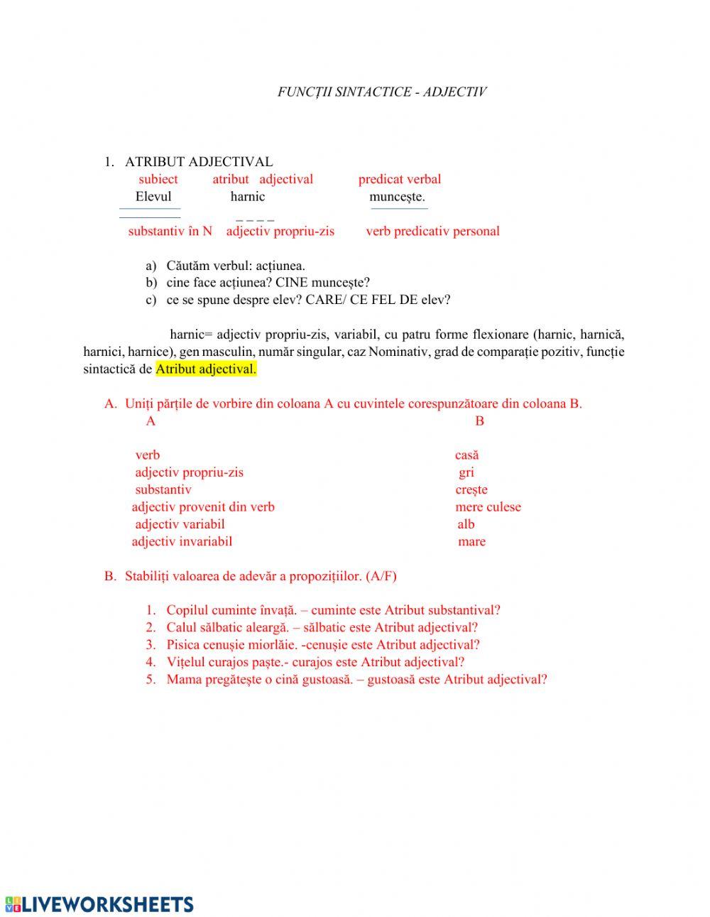 Adjectiv. Funcții sintactice