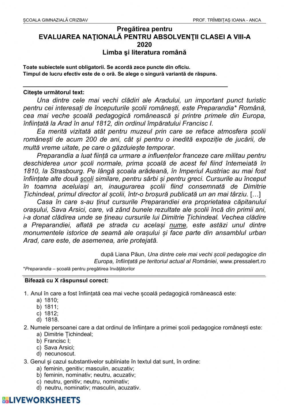 Subiectul 2 Evaluare Nationala Grila