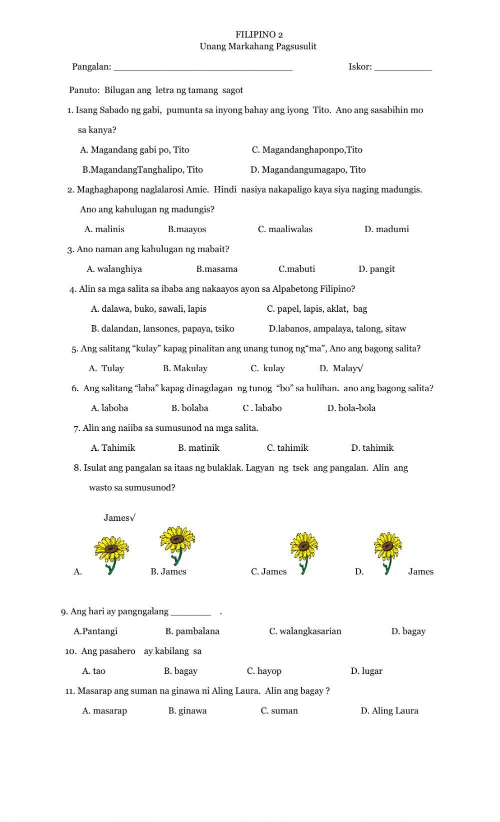 FILIPINO GRADE 2 online exercise for | Live Worksheets
