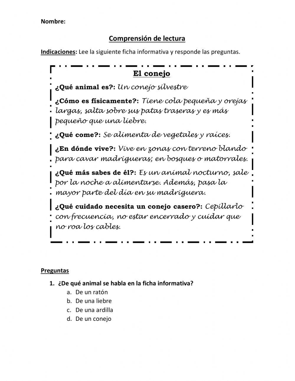 Comprensión de lectura - El Conejo