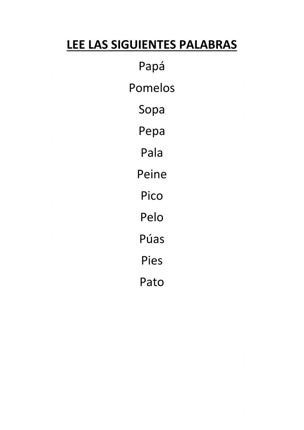 Lectura de palabras P