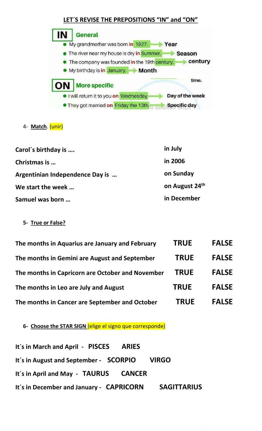 Months, dates and Star Signs