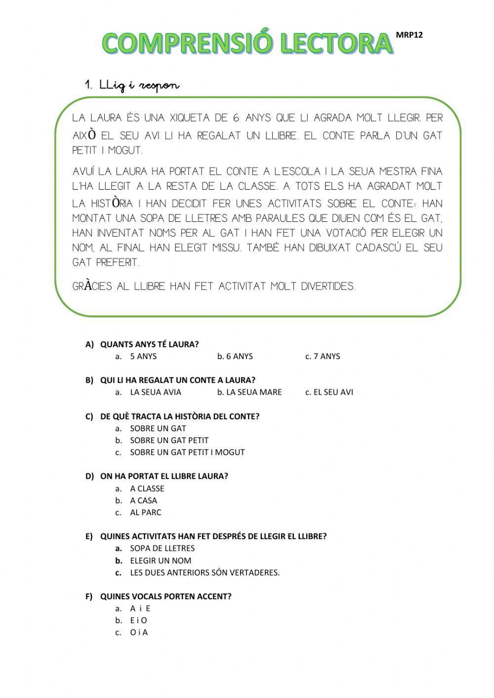 Lectura comprensi worksheet | Live Worksheets