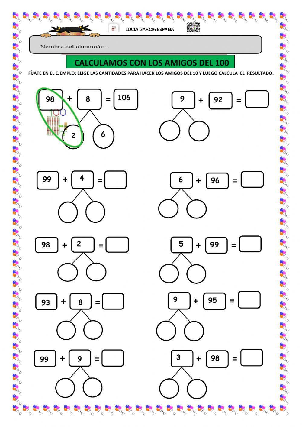 Calculamos las sumas con los amigos del 10, 20,30,40,50 y 100