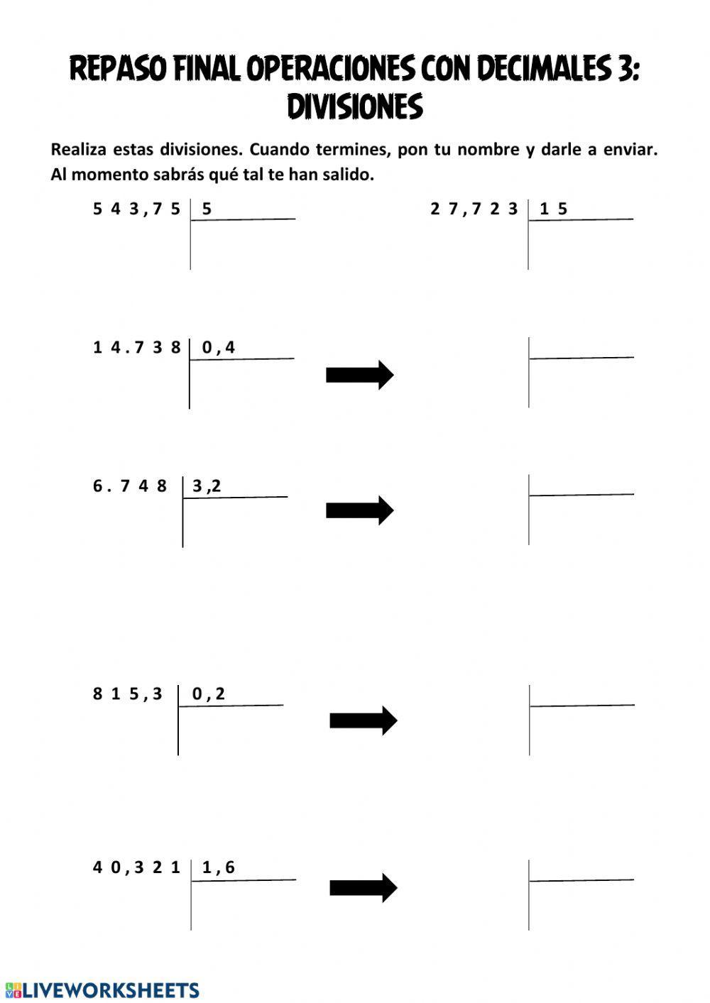 Dividir números decimales, para mi cole
