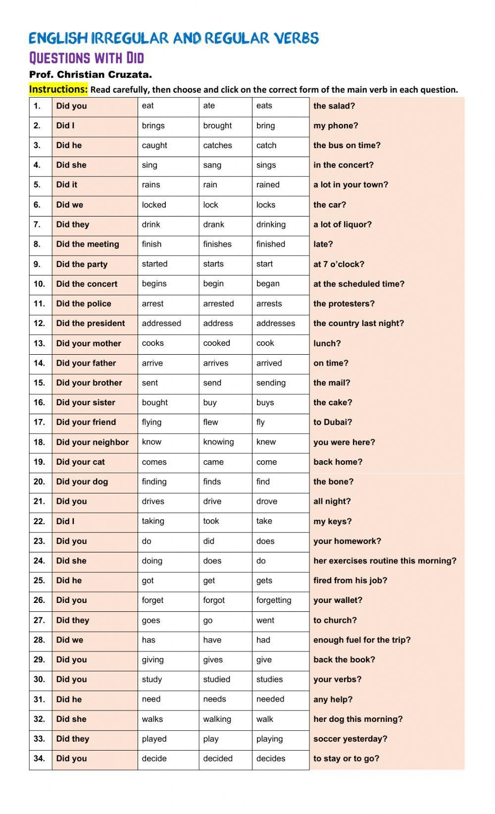 Irregular-Regular Verbs Questions with Did