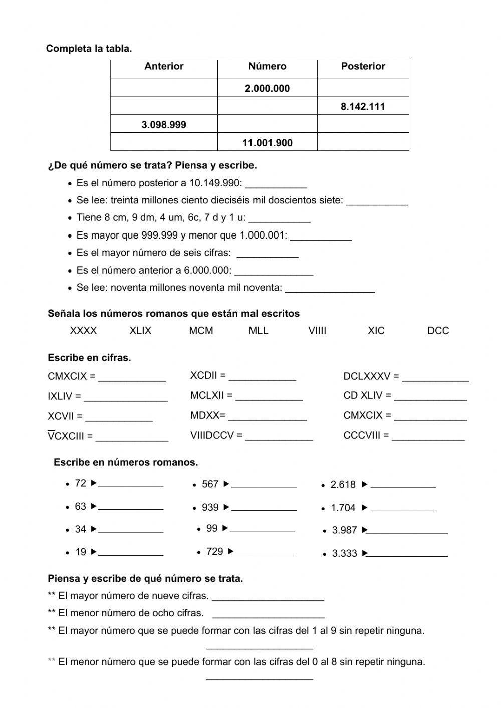 Ejercicios de numeración