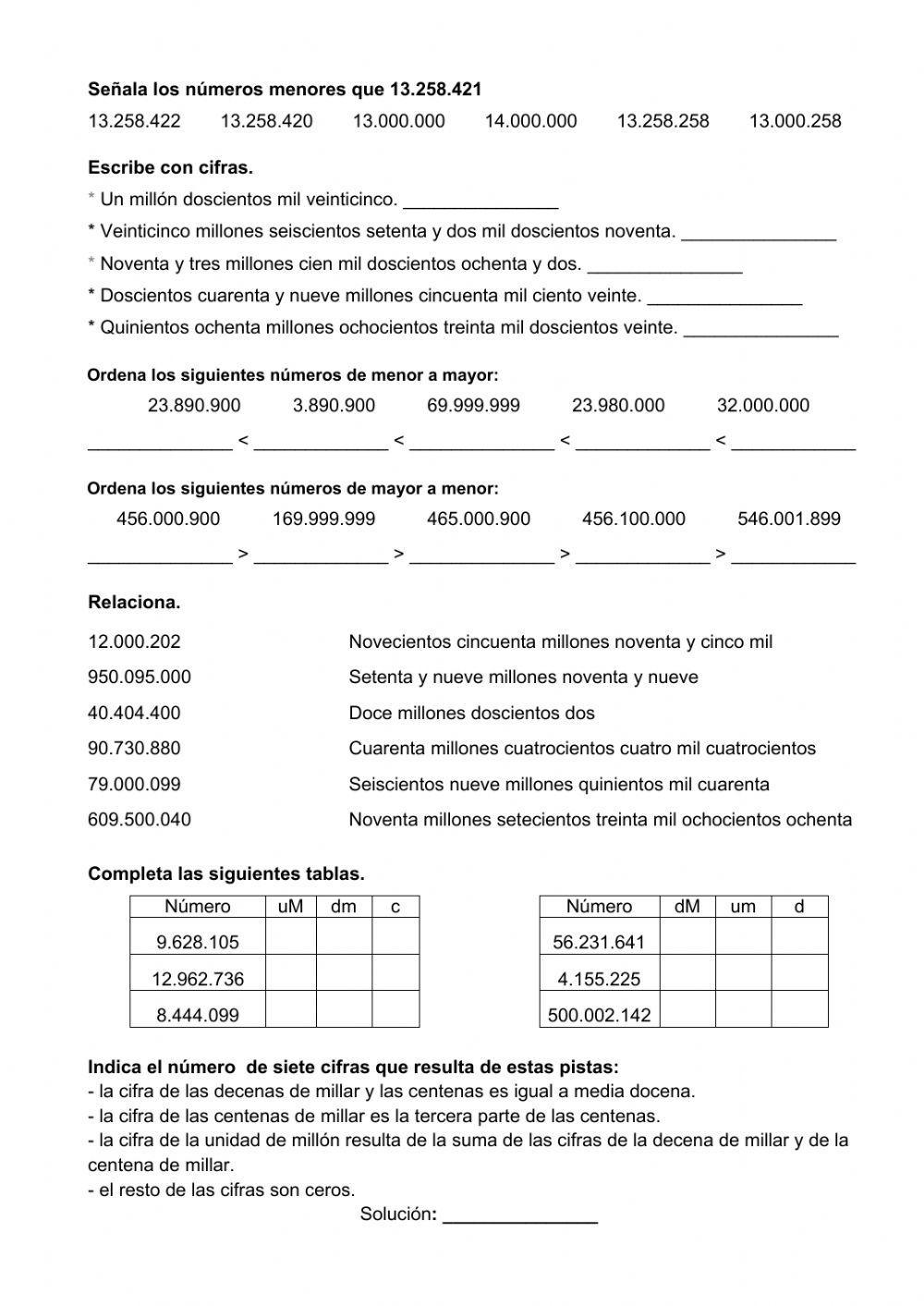 Ejercicios de numeración