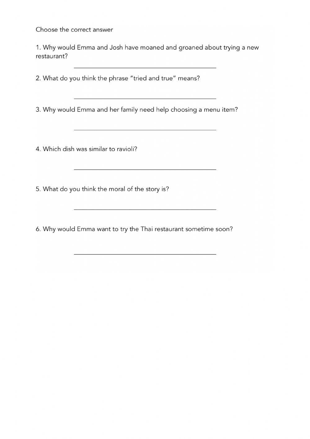 Comprehensive Reading: Emma's Favorite Restaurant