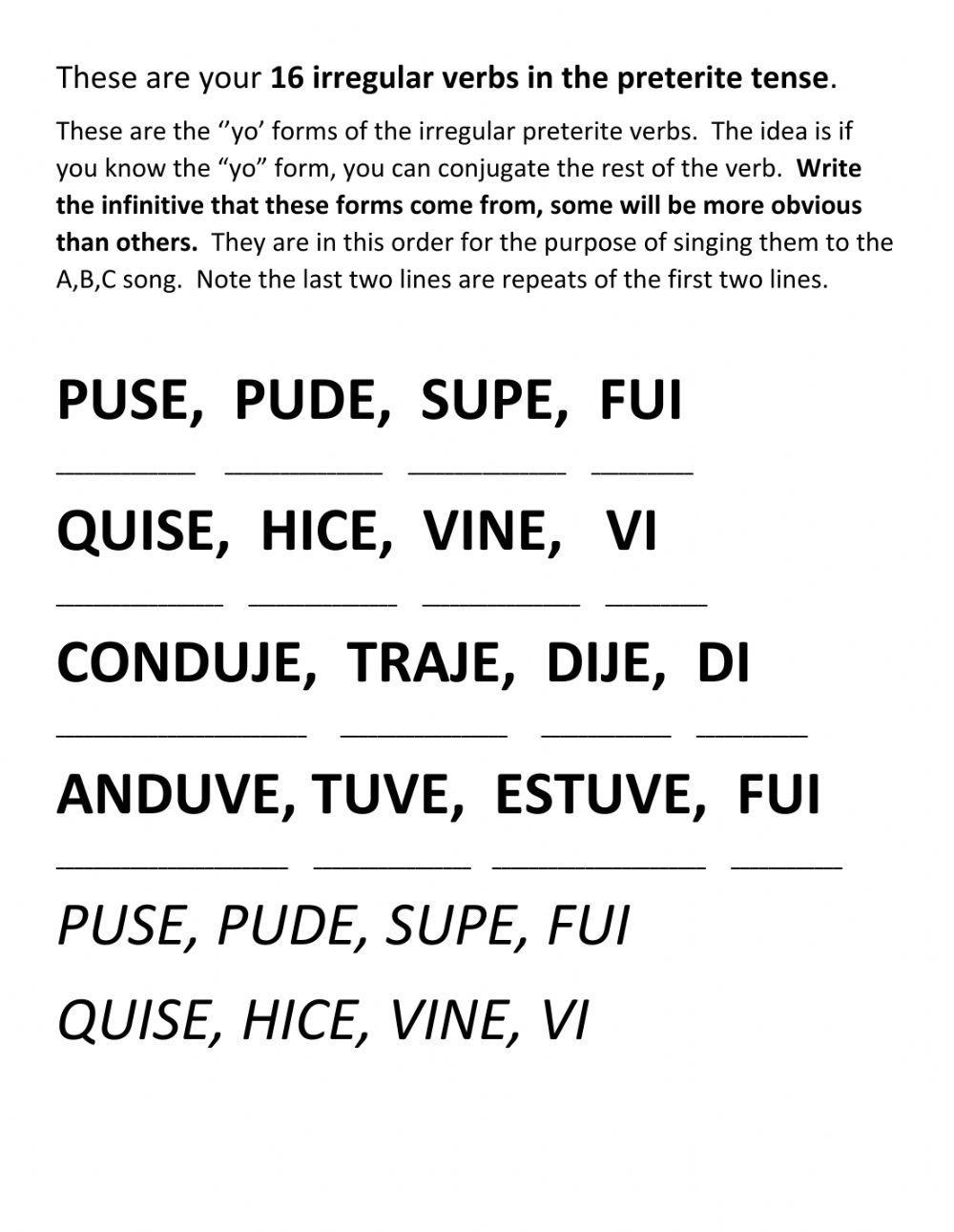 Irregular preterites abc song worksheet live worksheets