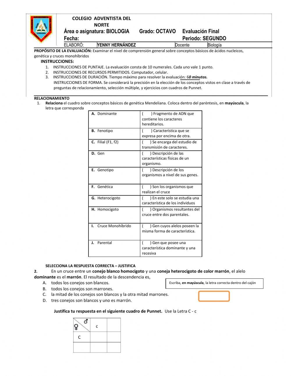 EVALUACIÓN DE BIOLOGÍA - GRADO OCTAVO