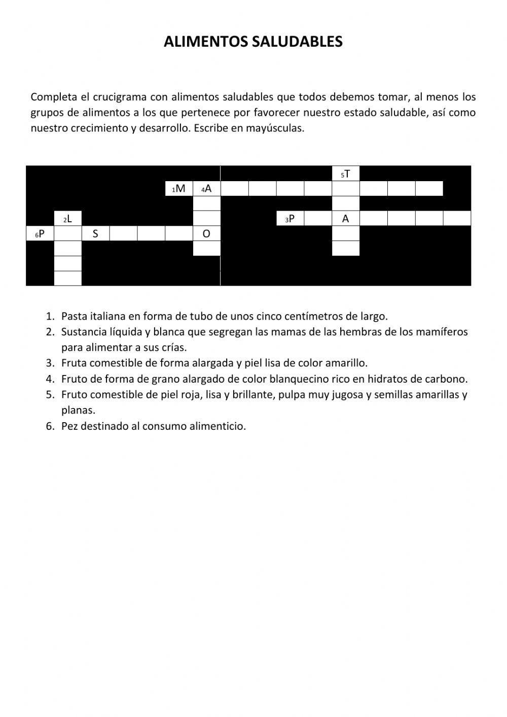 Crucigrama alimentos saludables