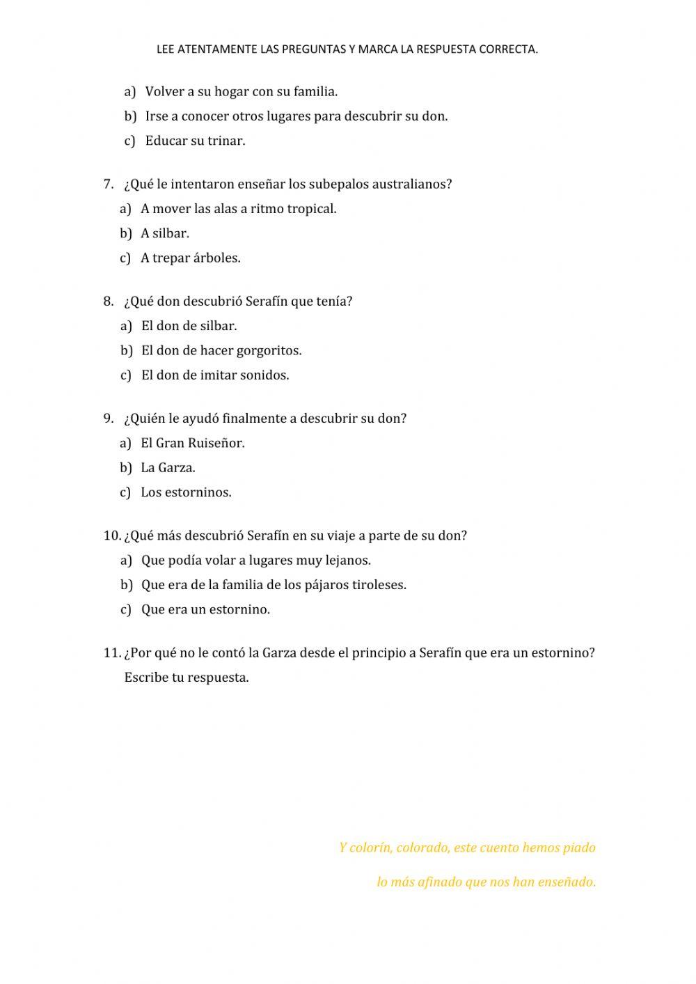 Preguntas de -Serafín, el pájaro que buscaba su melodía-