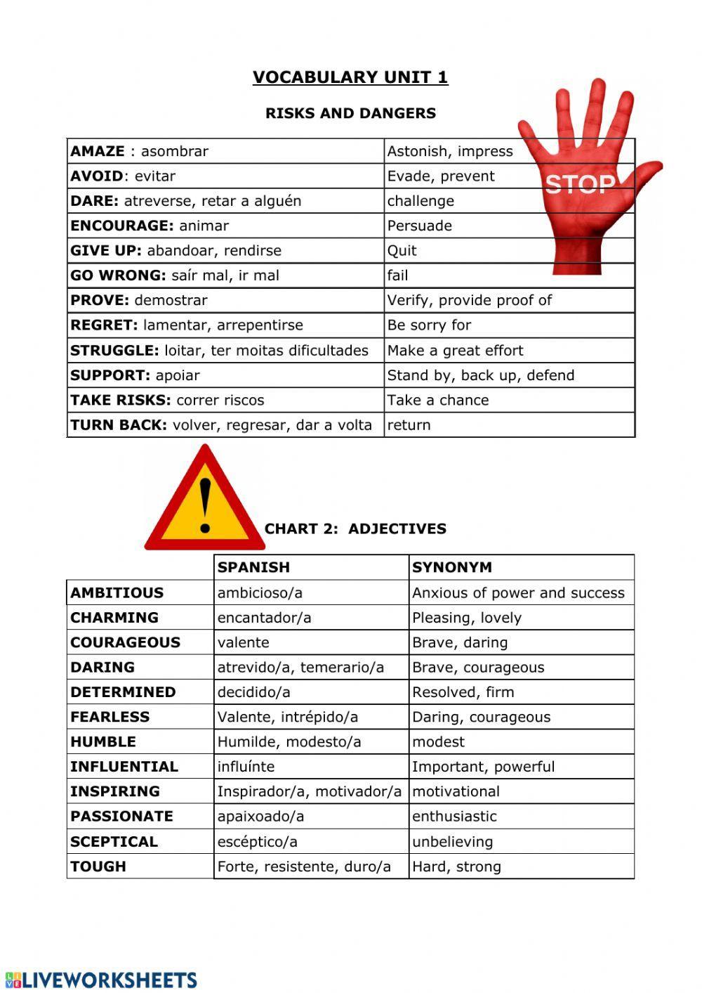 Risks and dangers vocabulary