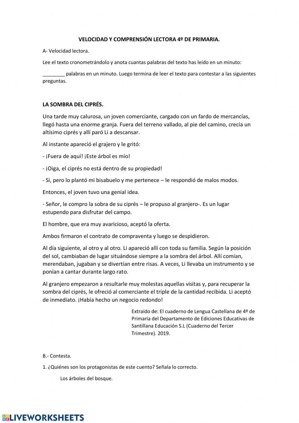 Velocidad y comprensión lectora 4º Primaria