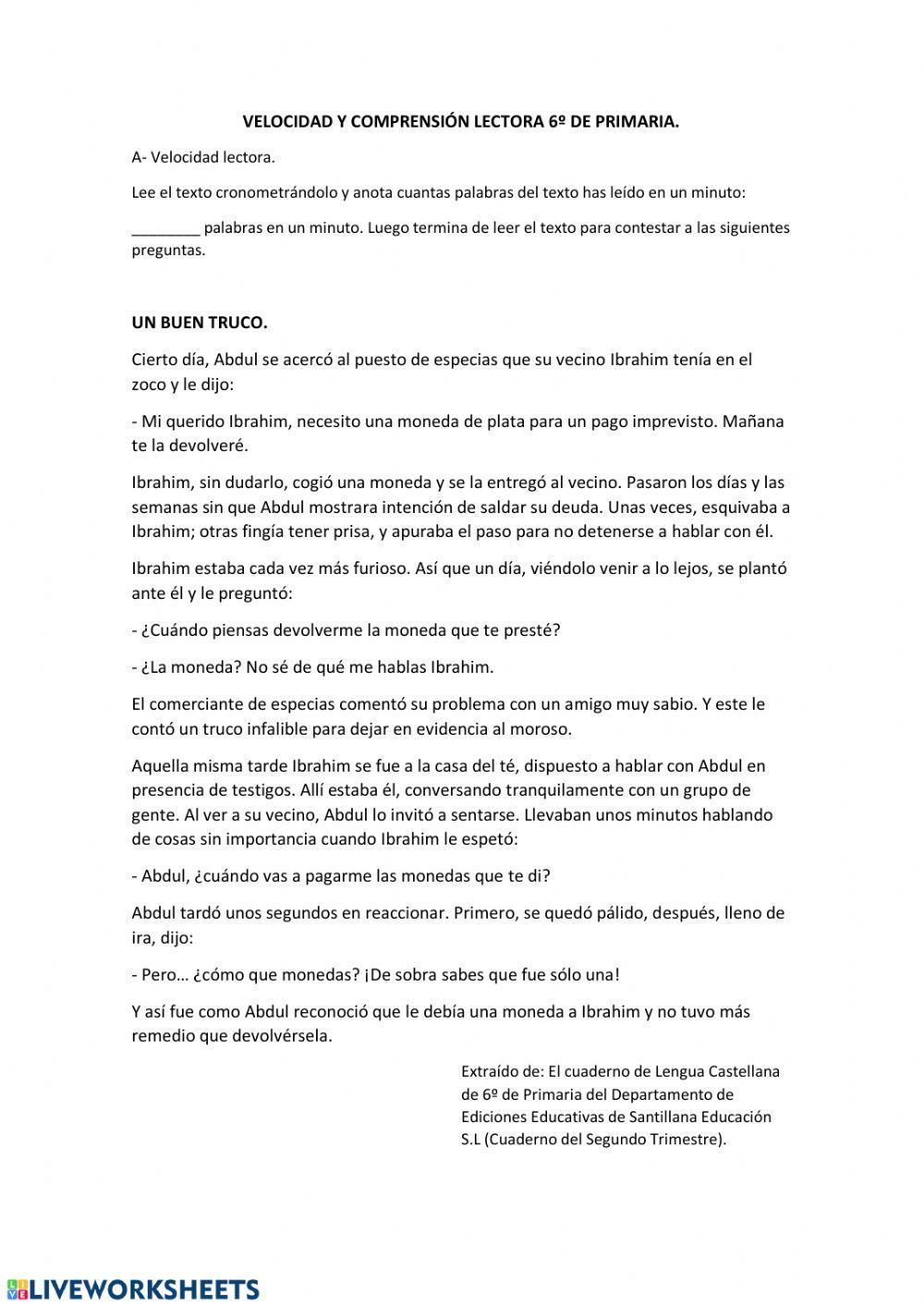 Velocidad y comprensión lectora 6º Primaria