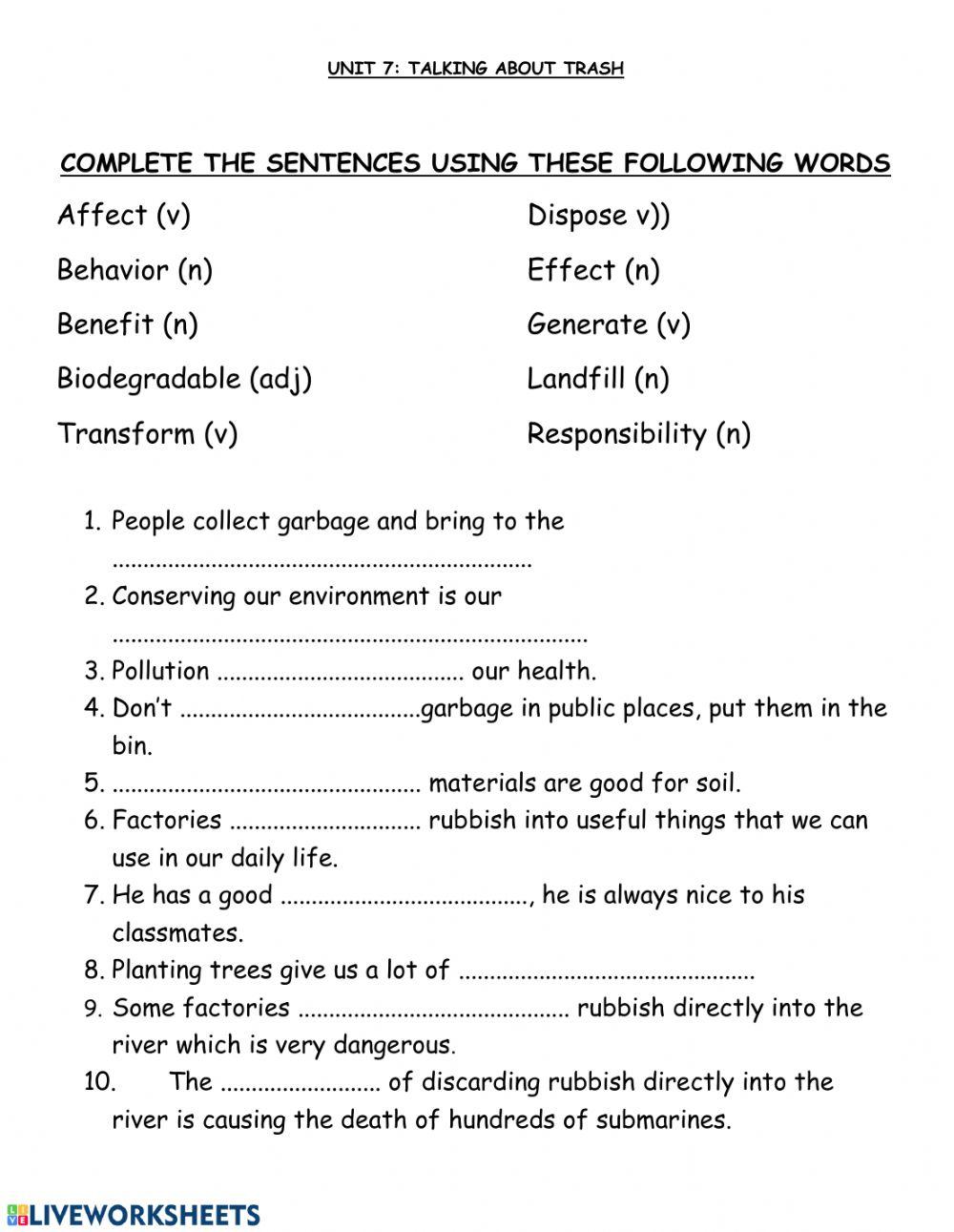 Vocabulary Unit 7 Part 2: Talking About Trash