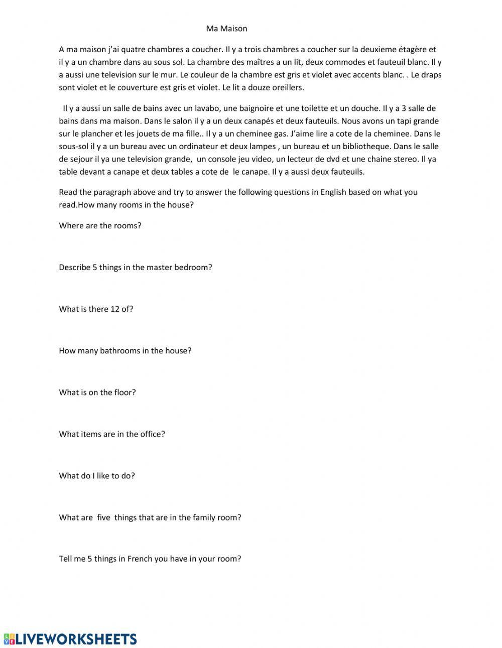 Ma Maison Comprehension Paragraph