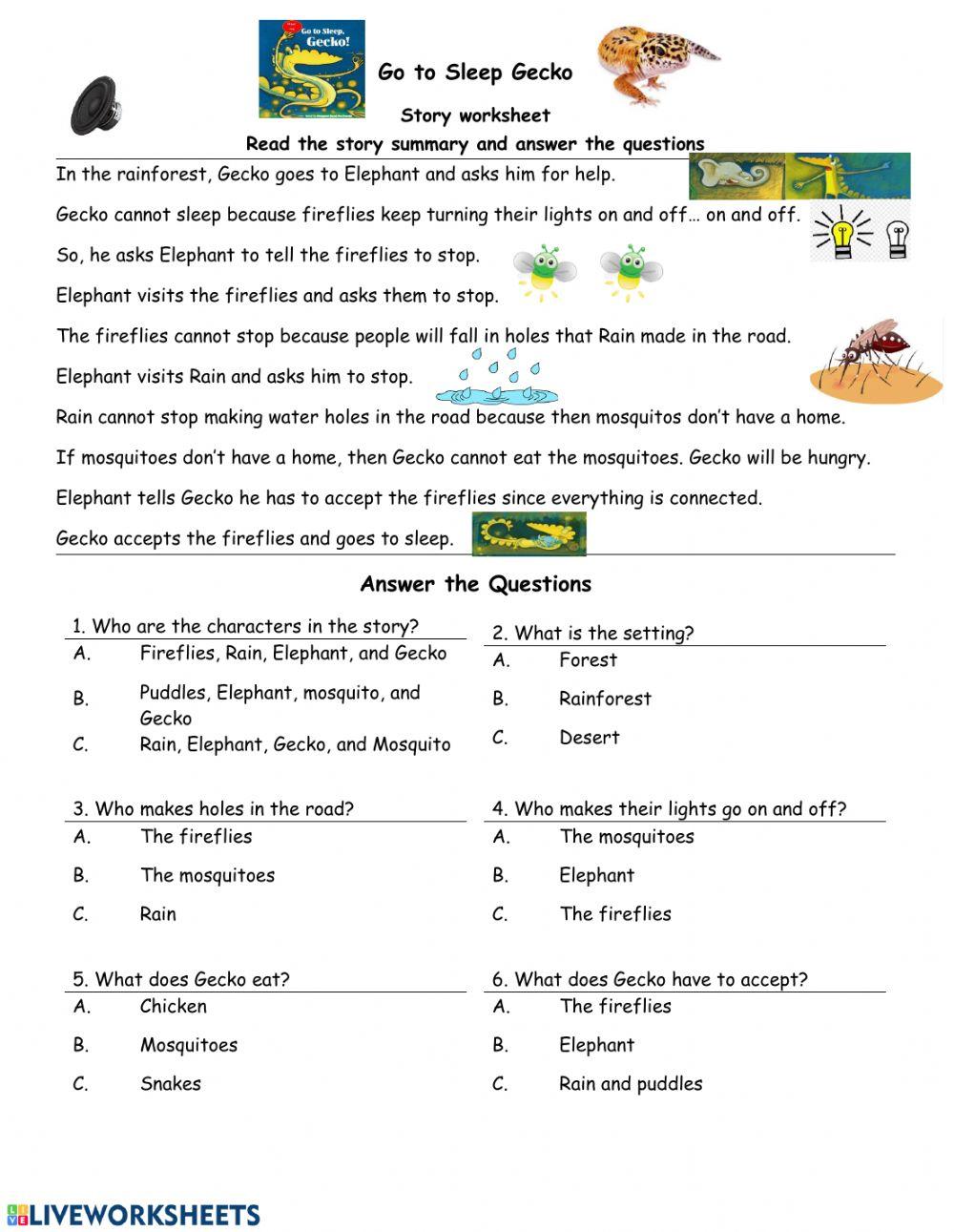 Go to Sleep Gecko Story worksheet
