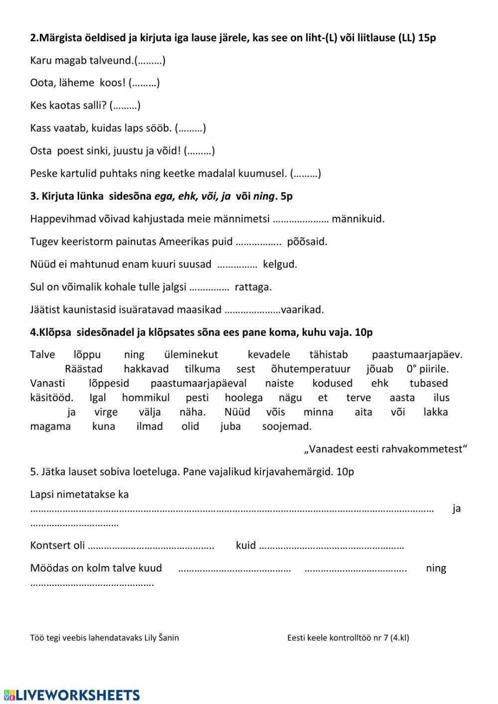 Eesti keele kontrolltöö 4.kl