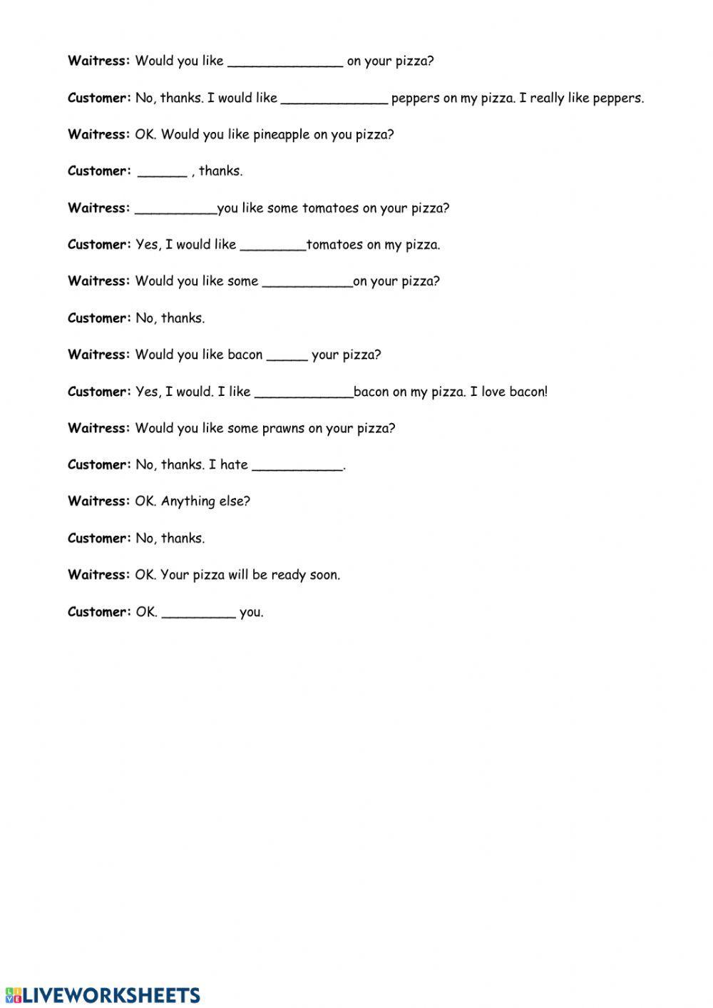 Restaurant online worksheet Live Worksheets