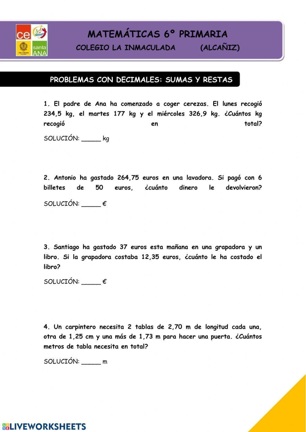 Problemas sumas y restas decimales