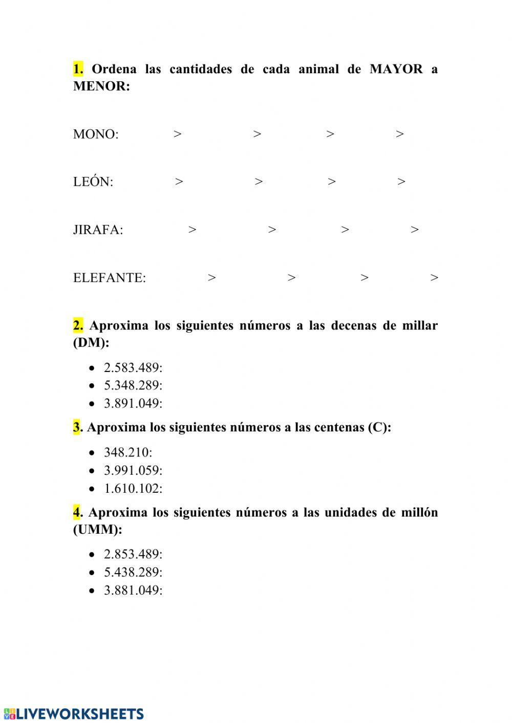 Ordena y aproxima los siguientes números