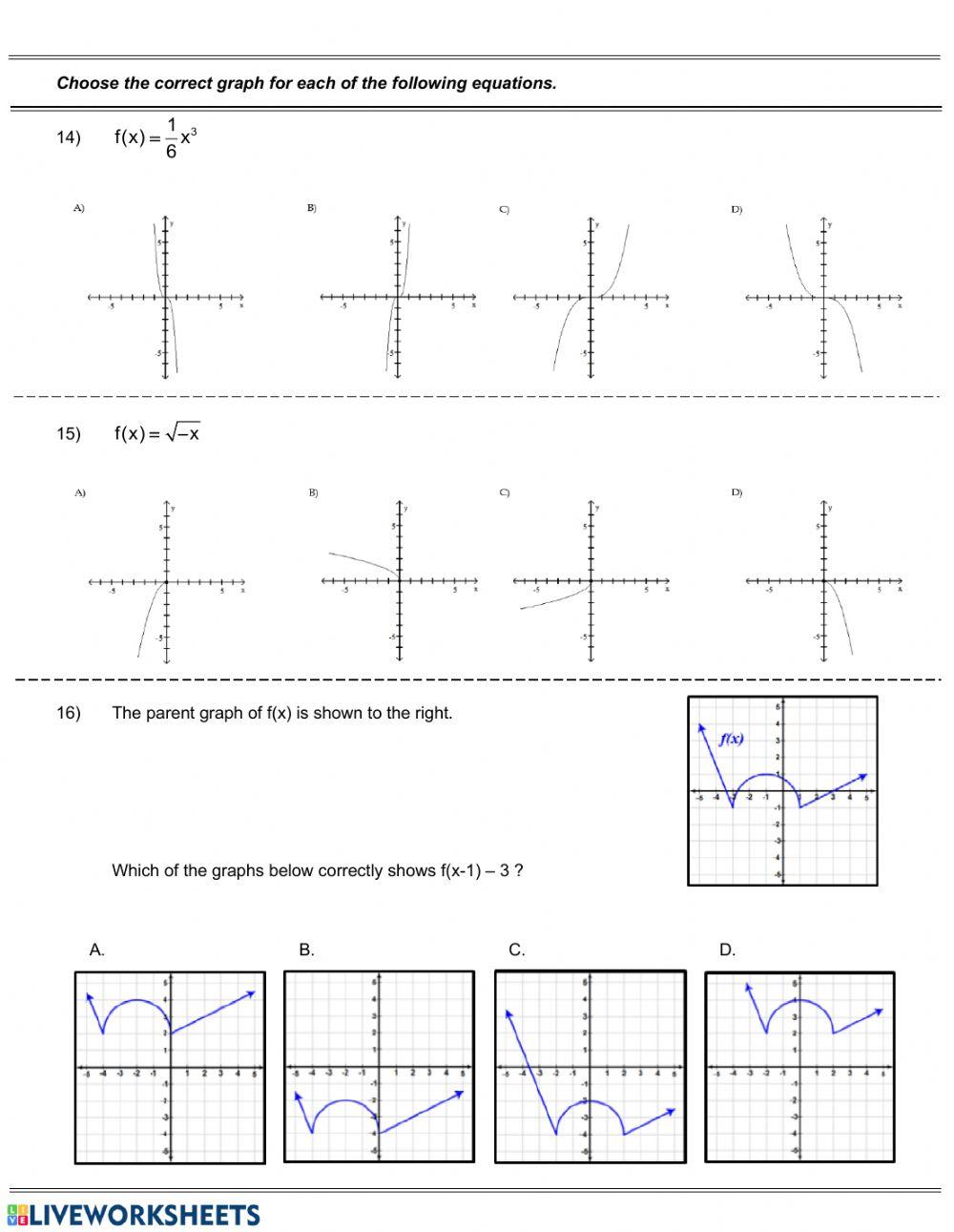 Quiz transformations of parent graphs worksheet live worksheets