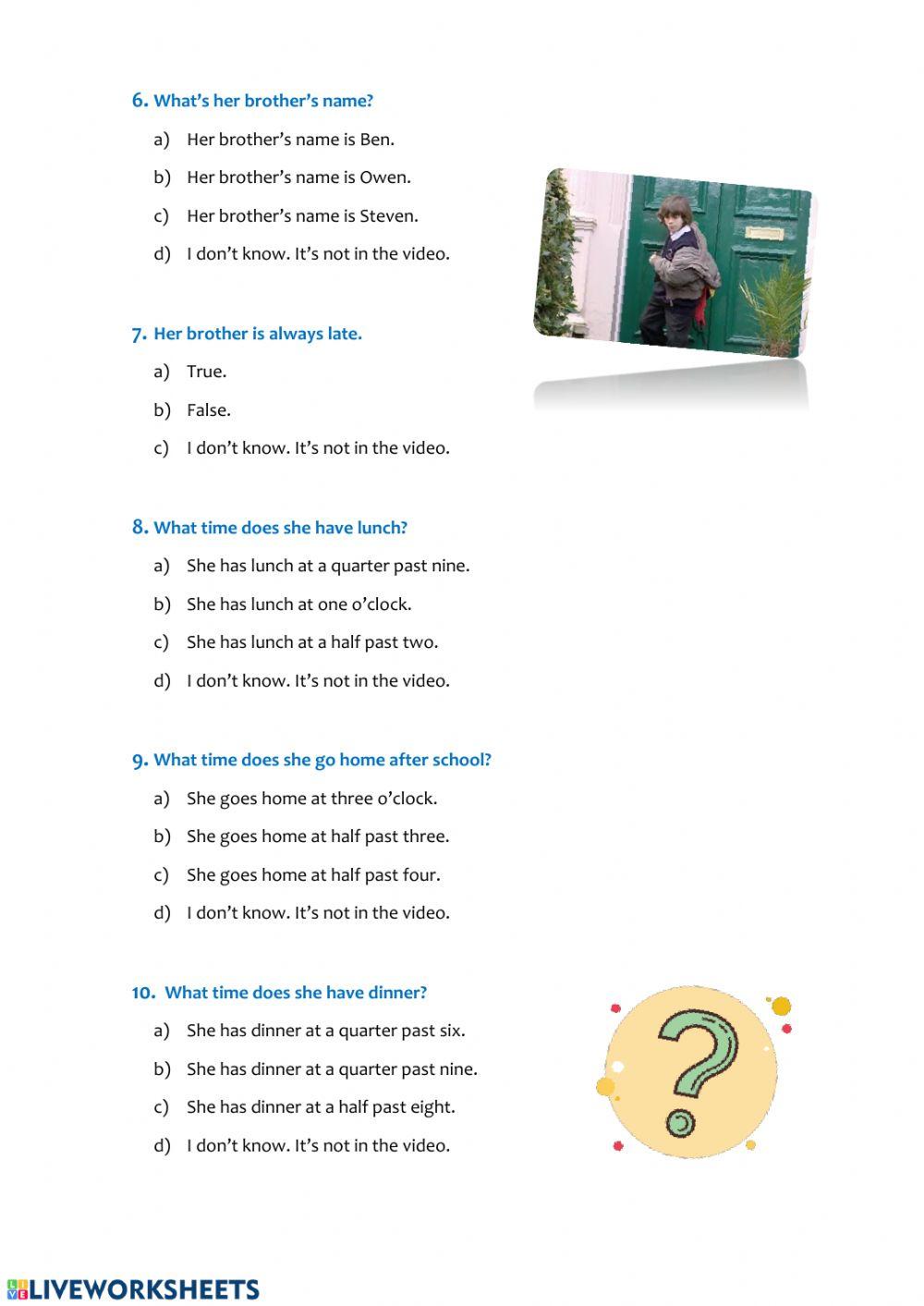 Video comprehension - Daily routines and times