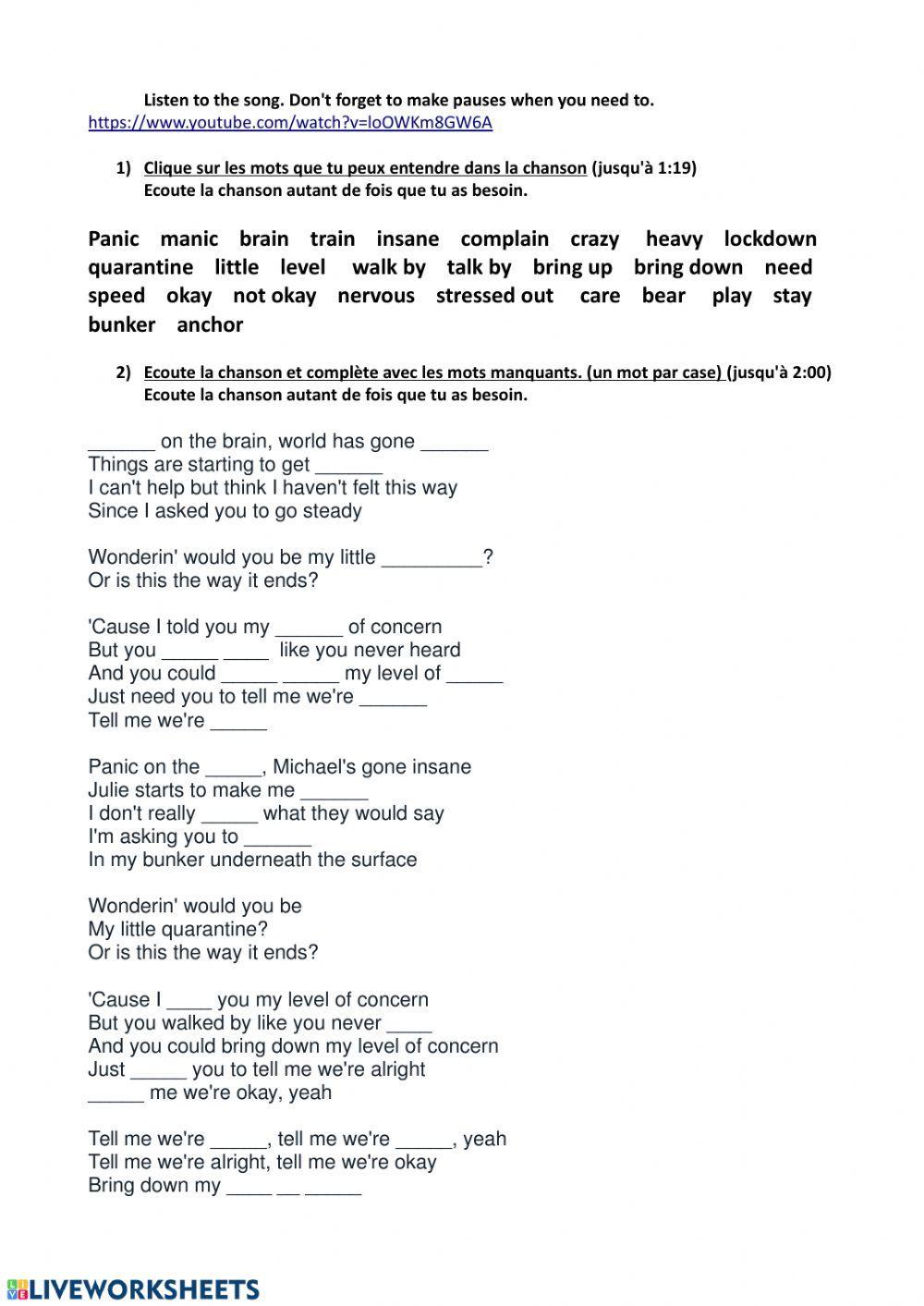 Level of concern twenty one pilots worksheet live worksheets