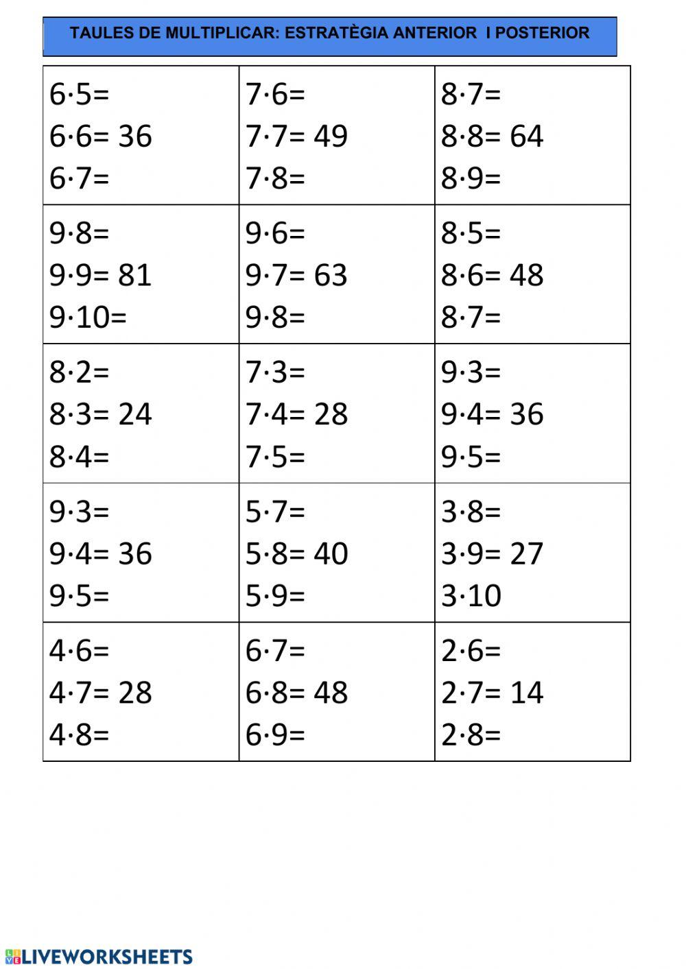 Taules de multiplicar. Estratègia anterior i posterior