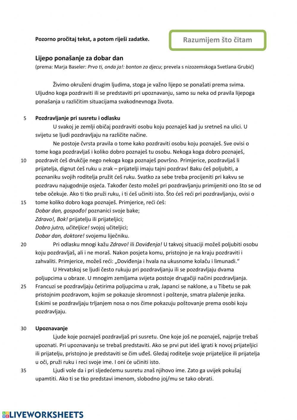 Razumijevanje pročitanog HBG 6 - Lijepo ponašanje za dobar dan
